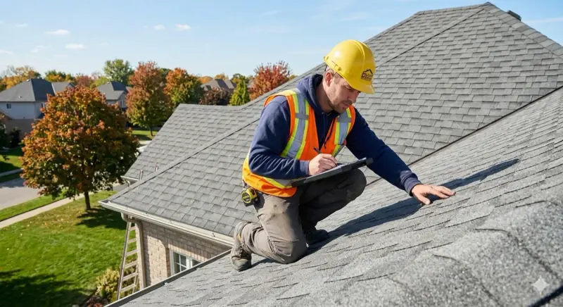 Roofer inspecting a residential shingle roof in Thunder Bay